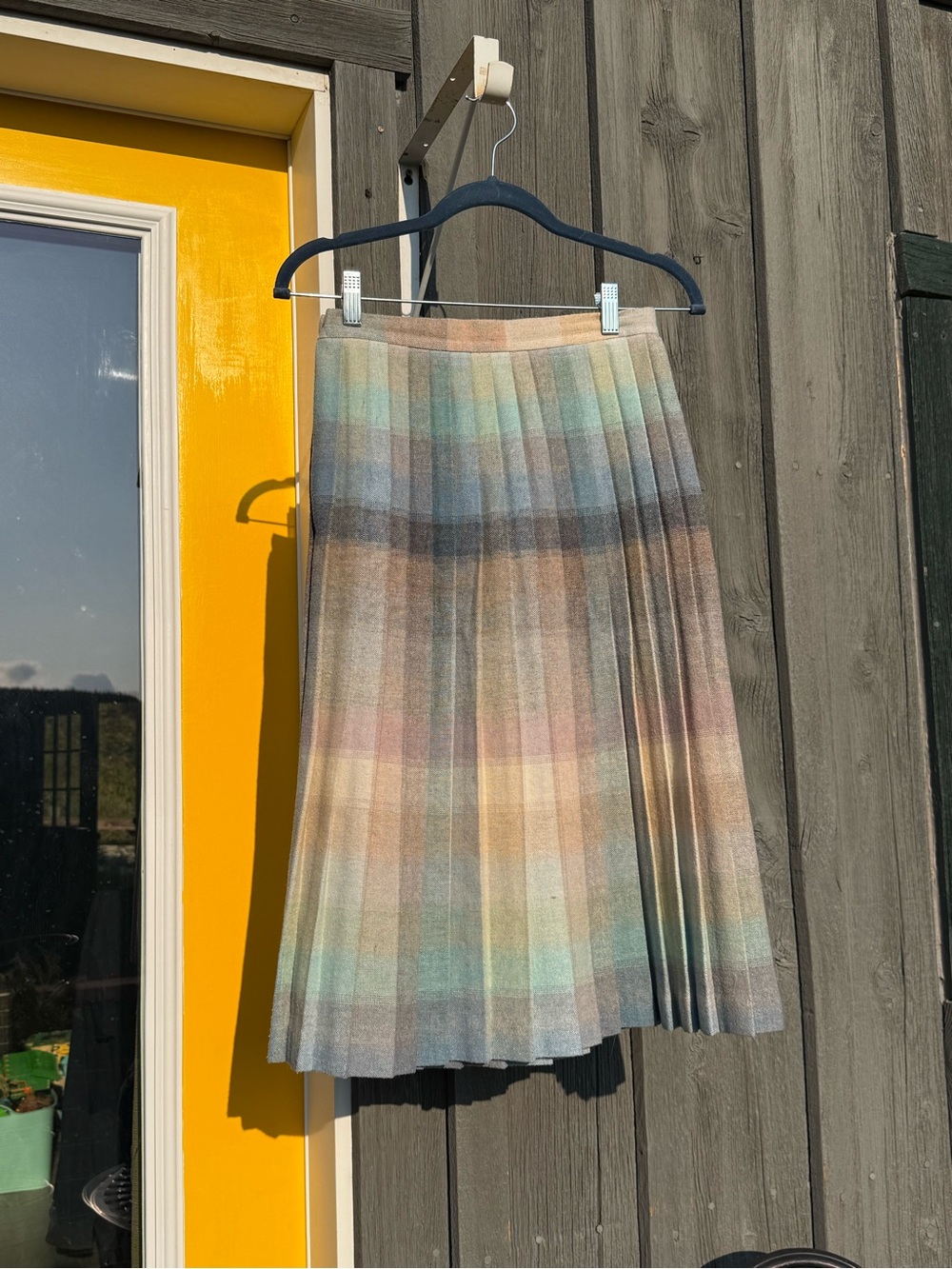 Vintage Pleated Pastel Plaid Wool Blend Midi Skirt